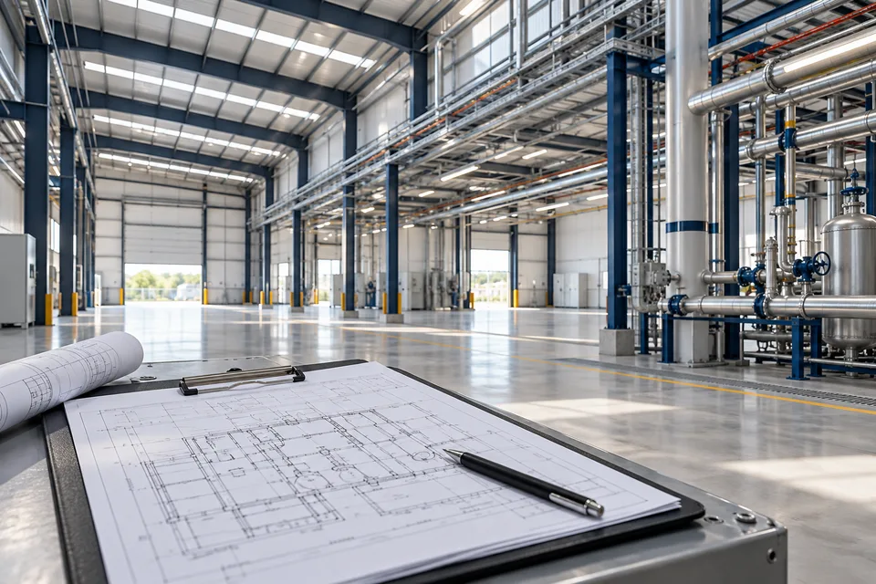 Exemplo ilustrativo de galpão industrial com estrutura e instalações aparentes.