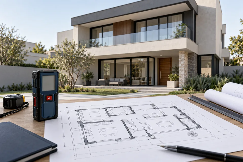 Exemplo ilustrativo de edificação residencial acompanhada de sua planta de levantamento.