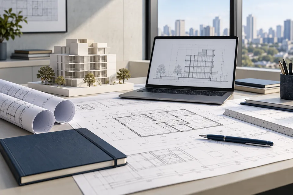 Exemplo ilustrativo de mesa de análise com plantas, documentos e um modelo de edificação.