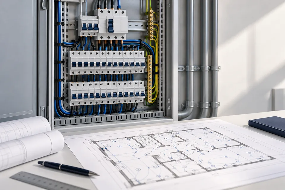 Exemplo ilustrativo de quadro elétrico e planta com a distribuição de circuitos.