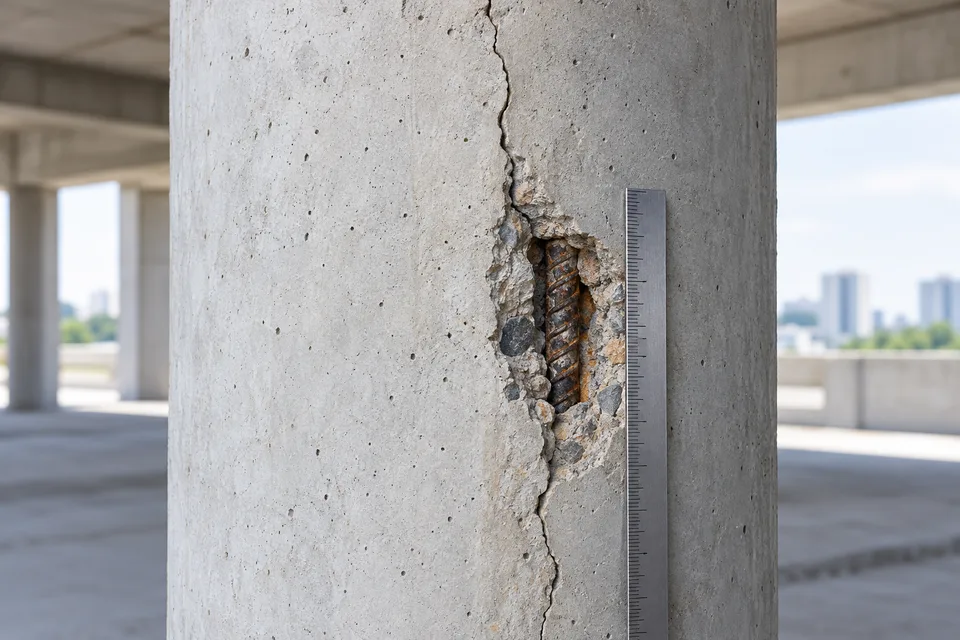 Exemplo ilustrativo de inspeção de um elemento de concreto com fissura e armadura exposta.