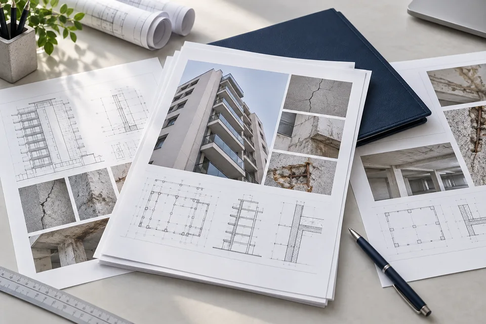 Exemplo ilustrativo de relatório técnico com fotografias, desenhos e registros de uma edificação.