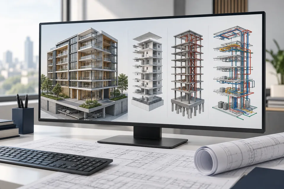 Exemplo ilustrativo de modelo digital tridimensional de uma edificação com sistemas integrados.