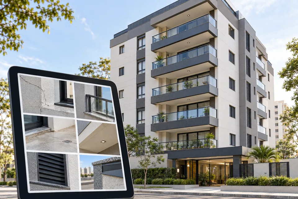 Imagem ilustrativa de edifício residencial com registros de inspeção predial exibidos em um tablet.