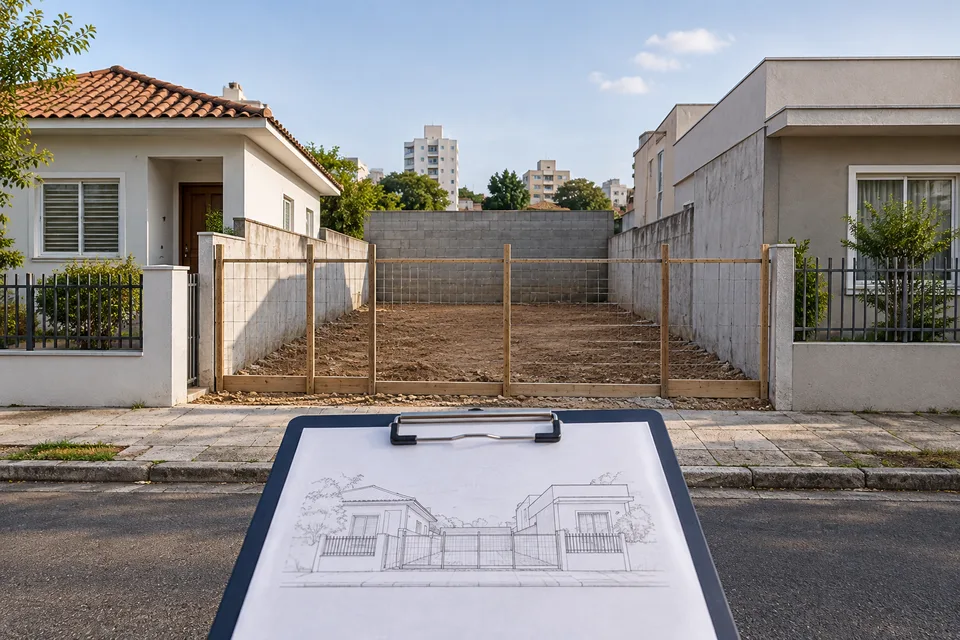 Exemplo ilustrativo de imóveis vizinhos a um terreno em preparação para uma obra.
