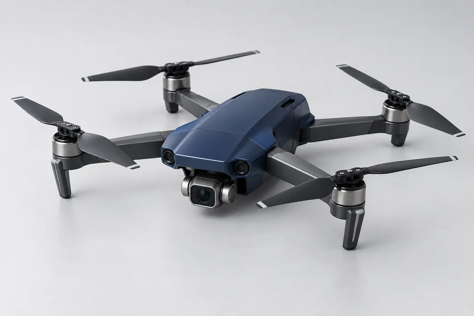 Ilustração de drone de quatro hélices com câmera para registros aéreos.