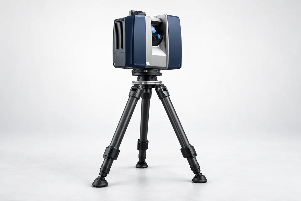 Ilustração de scanner a laser tridimensional montado em tripé.